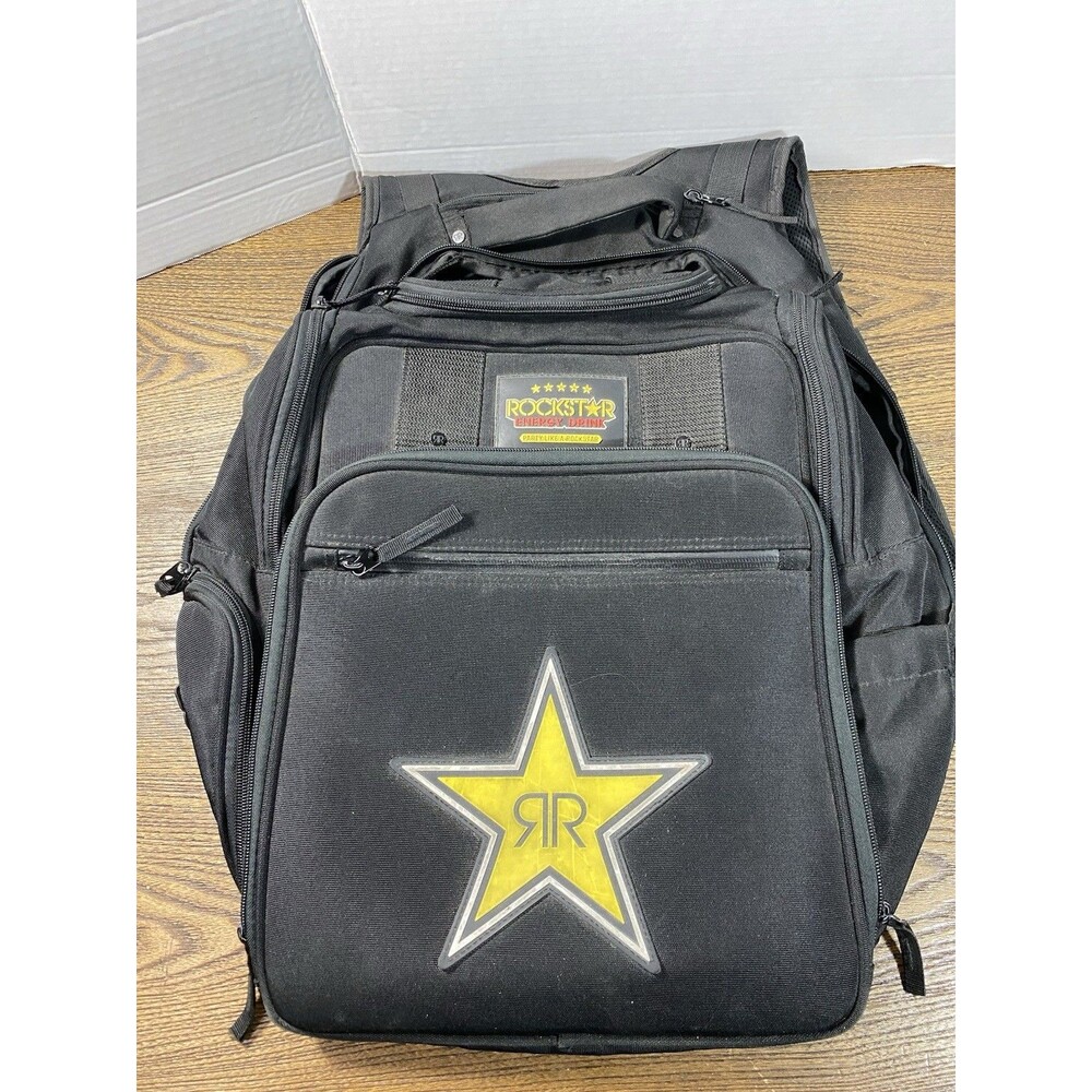 *DISTRESSED* *1 BAD ZIPPER COMPARTMENT* Rockstar Energy Drink Black Backpack Bag